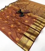 Brown soft silk saree with zari butti & brocade blouse