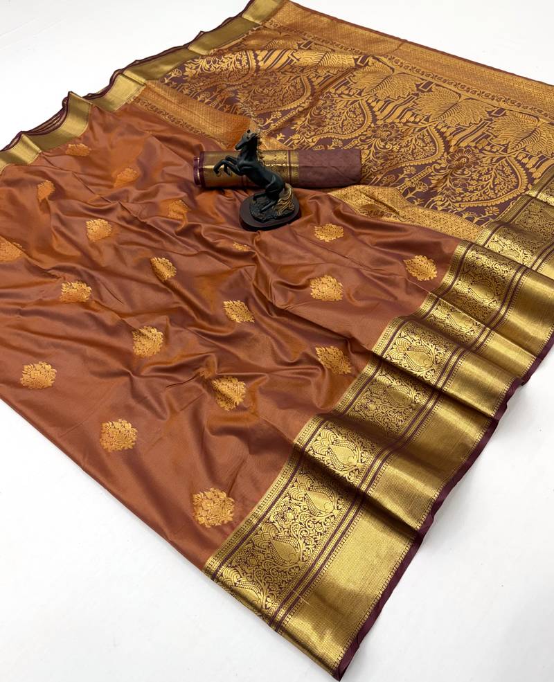 Brown soft silk saree with zari butti & brocade blouse