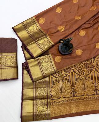 Brown soft silk saree with zari butti & brocade blouse 2