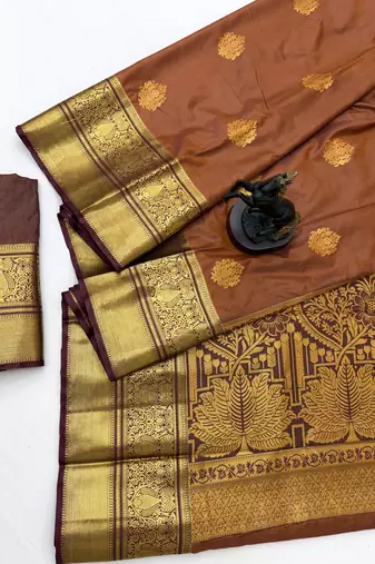 Brown soft silk saree with zari butti & brocade blouse