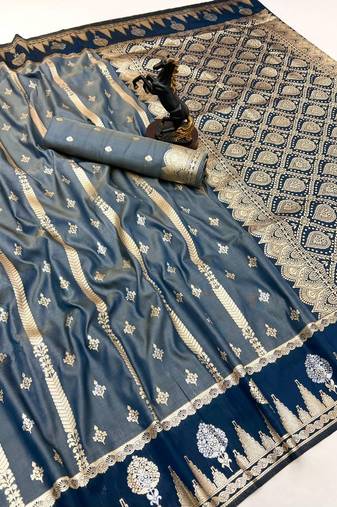 Rama green soft silk saree with zari weaving & striped motifs