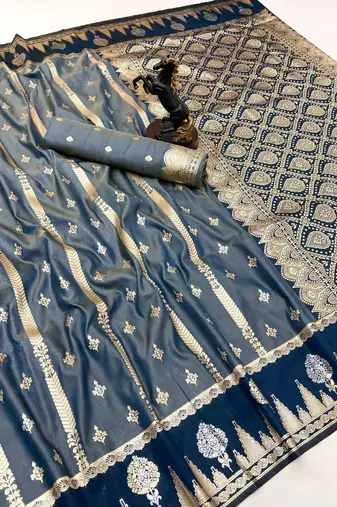 Rama green soft silk saree with zari weaving & striped motifs