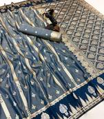 Rama green soft silk saree with zari weaving & striped motifs