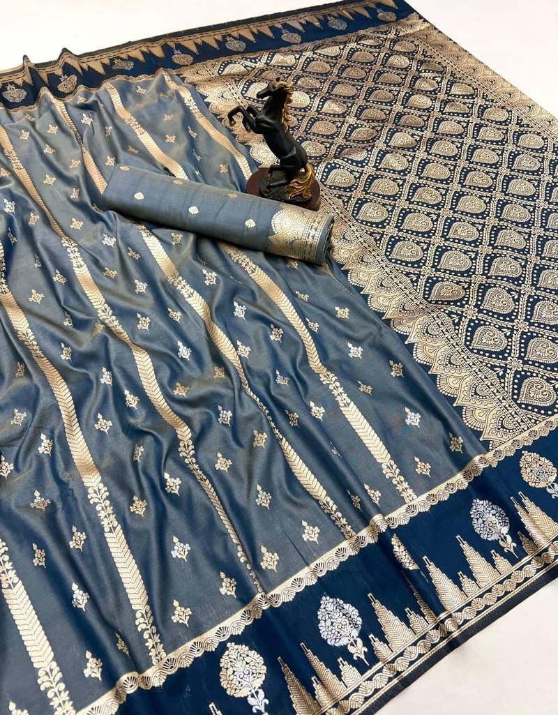 Rama green soft silk saree with zari weaving & striped motifs