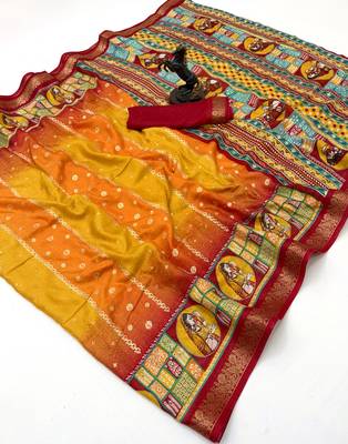 Yellow heritage spice silk saree with lady motif zari border 1