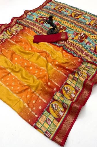 Yellow heritage spice silk saree with lady motif zari border