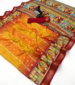 Yellow heritage spice silk saree with lady motif zari border