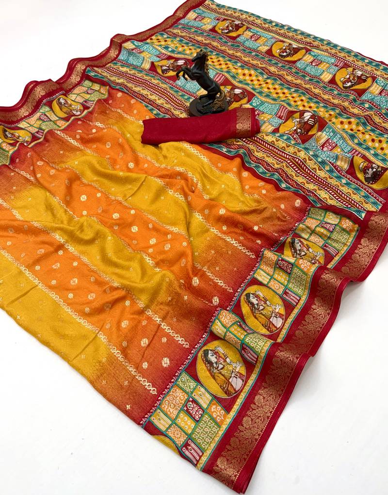Yellow heritage spice silk saree with lady motif zari border