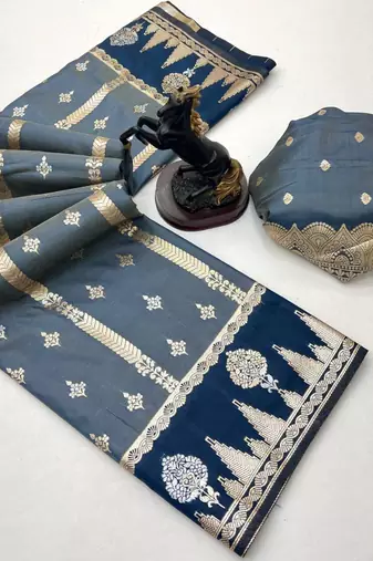 Rama green soft silk saree with zari weaving & striped motifs