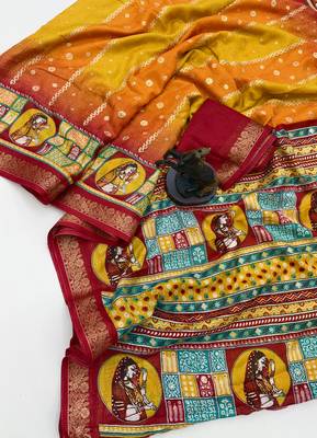 Yellow heritage spice silk saree with lady motif zari border 2