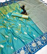 Rama green premium soft silk saree with zari weaving & floral border