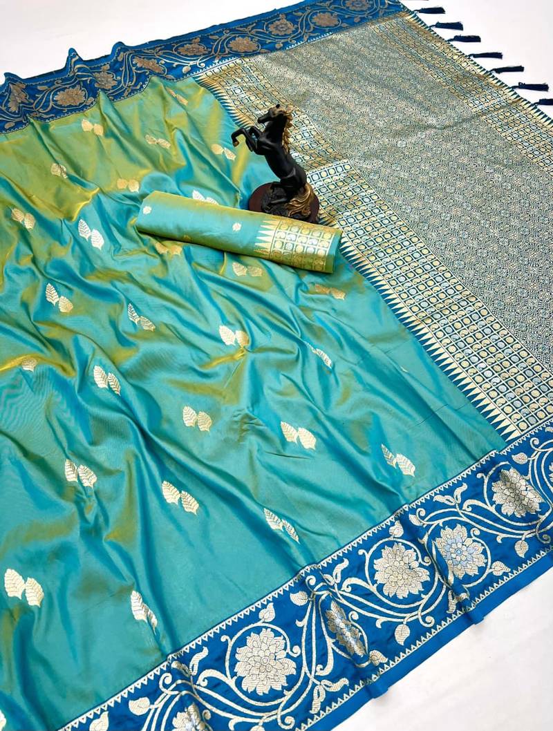 Rama green premium soft silk saree with zari weaving & floral border