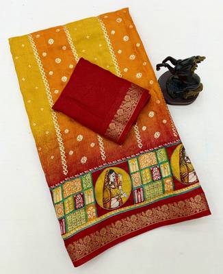 Yellow heritage spice silk saree with lady motif zari border 3