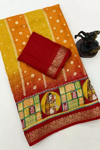 Yellow heritage spice silk saree with lady motif zari border