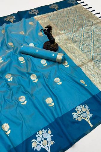 Rama green soft silk saree with zari weaving & floral motifs