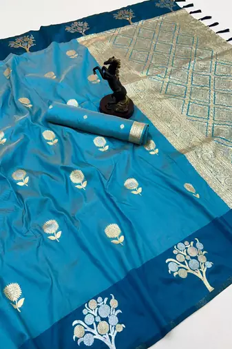 Rama green soft silk saree with zari weaving & floral motifs