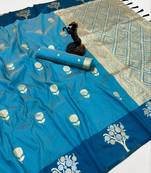 Rama green soft silk saree with zari weaving & floral motifs