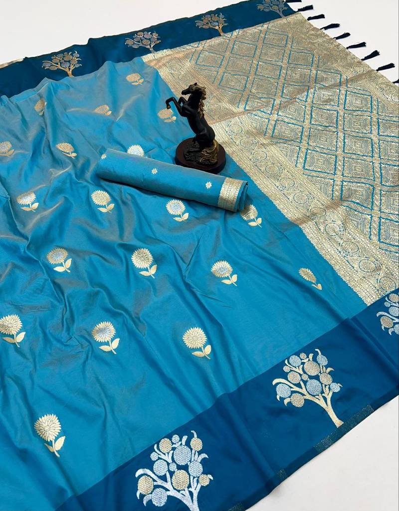 Rama green soft silk saree with zari weaving & floral motifs