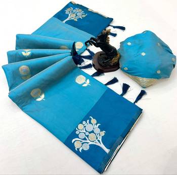 Rama green soft silk saree with zari weaving & floral motifs 2