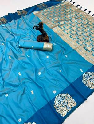 Rama green soft silk saree with zari weaving & rajhans motifs 1