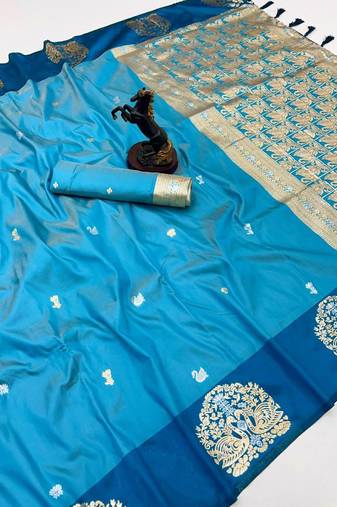 Rama green soft silk saree with zari weaving & rajhans motifs