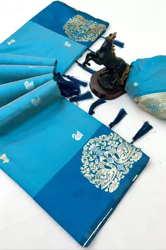 Rama green soft silk saree with zari weaving & rajhans motifs