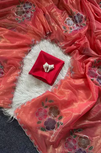 Dark Peach Color Along With Diamond Cut Work Tissue Silk 