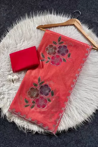 Dark Peach Color Along With Diamond Cut Work Tissue Silk 