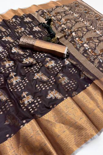 Brown royal pattu silk saree with elephant & peacock zari motifs
