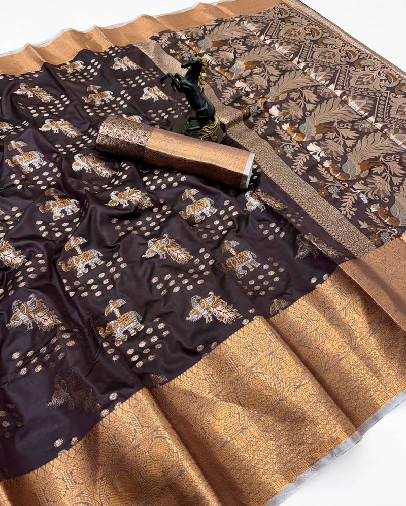 Brown royal pattu silk saree with elephant & peacock zari motifs