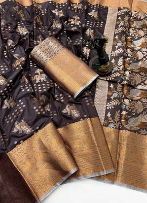 Brown royal pattu silk saree with elephant & peacock zari motifs 2