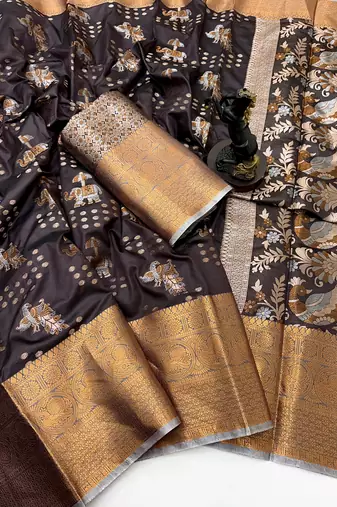 Brown royal pattu silk saree with elephant & peacock zari motifs