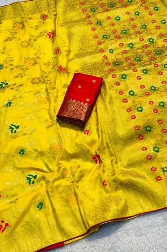Yellow khadi georgette silk saree with floral weaving & multi zari pallu