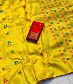 Yellow khadi georgette silk saree with floral weaving & multi zari pallu