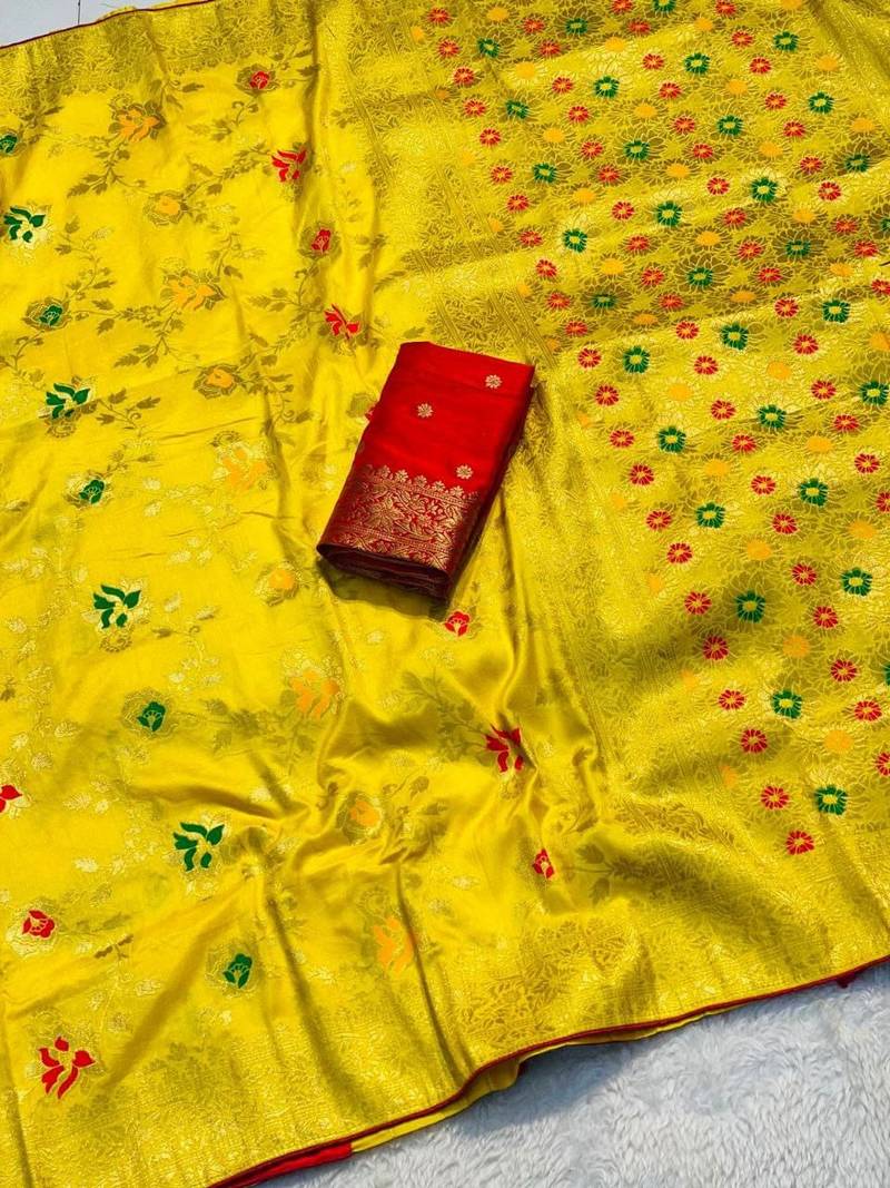 Yellow khadi georgette silk saree with floral weaving & multi zari pallu