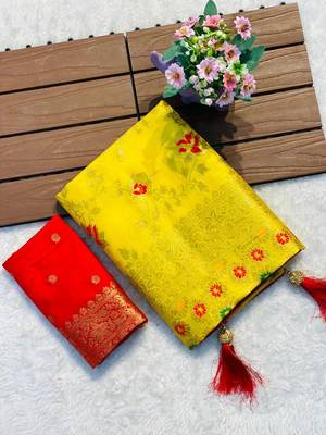 Yellow khadi georgette silk saree with floral weaving & multi zari pallu 2