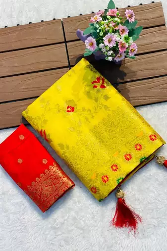Yellow khadi georgette silk saree with floral weaving & multi zari pallu