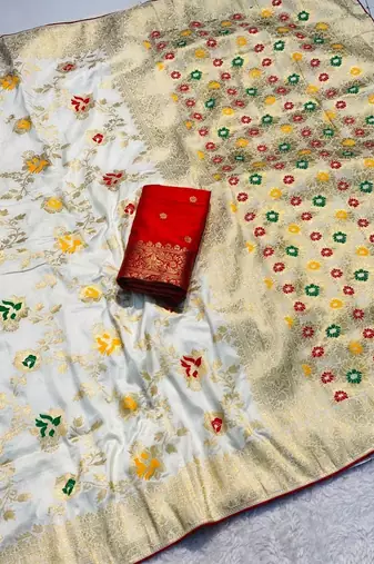 Cream khadi georgette silk saree with floral weaving & multi zari pallu