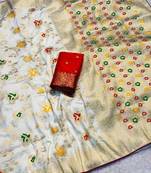 Cream khadi georgette silk saree with floral weaving & multi zari pallu