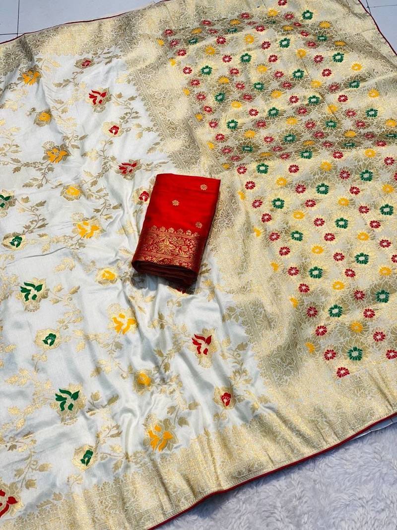 Cream khadi georgette silk saree with floral weaving & multi zari pallu