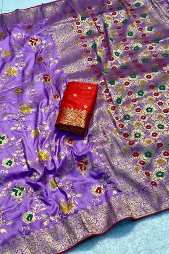 Light purple khadi georgette silk saree with floral weaving & multi zari pallu
