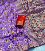 Light purple khadi georgette silk saree with floral weaving & multi zari pallu