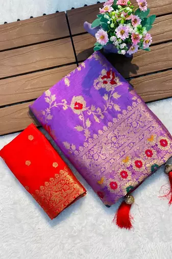 Light purple khadi georgette silk saree with floral weaving & multi zari pallu