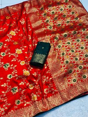 Red khadi georgette silk saree with floral weaving & multi zari pallu 1