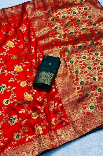 Red khadi georgette silk saree with floral weaving & multi zari pallu