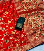 Red khadi georgette silk saree with floral weaving & multi zari pallu