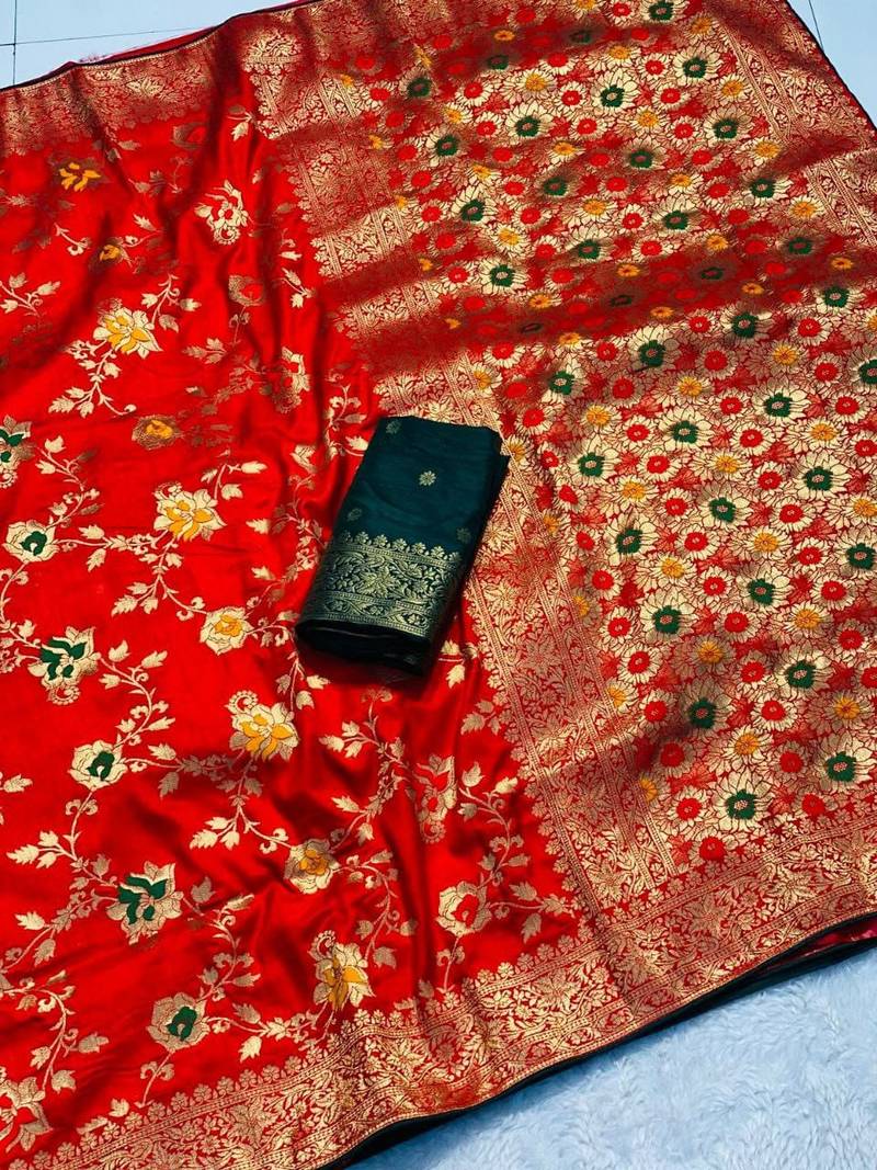 Red khadi georgette silk saree with floral weaving & multi zari pallu