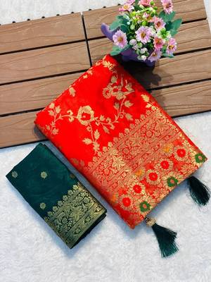 Red khadi georgette silk saree with floral weaving & multi zari pallu 2