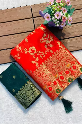 Red khadi georgette silk saree with floral weaving & multi zari pallu