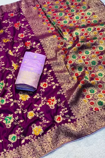 Wine khadi georgette silk saree with floral weaving & multi zari pallu